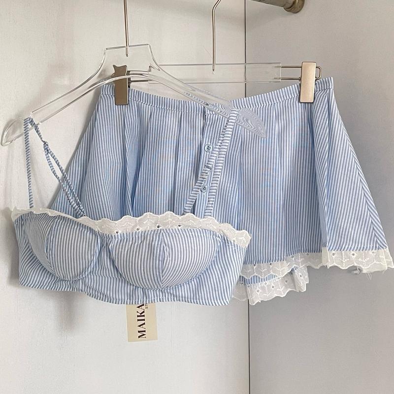 Maikaa Studio - áo cúp ngực + chân váy sọc phối ren đi biển - Ivy Set 1