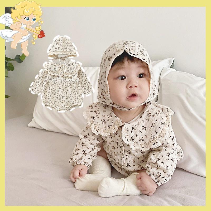 Áo Liền Quần Trẻ Em 0-2 Tuổi Với Tay Áo Dài, Viền Ren Phong Cách Mùa Xuân, Bé Gái Dễ Thương Với Họa Tiết Hoa, Quần Áo Bò Mềm Mại Và Thoải Mái, Áo Liền Quần Trẻ Sơ Sinh + 1 Mũ Đẹp