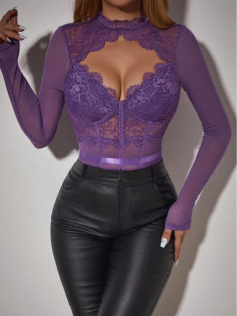 Product Introduction of Women's Cut Out Sheer Lace Corset Bodysuit, Solid Color Long Sleeve Keyhole Neckline Bodysuit for Fall & Winter, Bodysuits for Women, Tall Clothing Women, Women's Clothes for Daily Wear Valentine's Day, Gift, Urban Corset Top, Lingerie 4