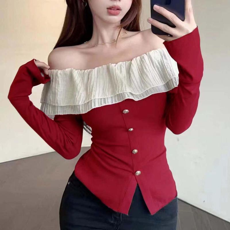 BARE_ Áo Thun Dài Tay Trễ Vai Phối Bèo Tay Loe Nút Ngọc Chất Thun Gân Tăm- A251 Nữ Women Nhung Top Voi Sơ Mi Jean Kem