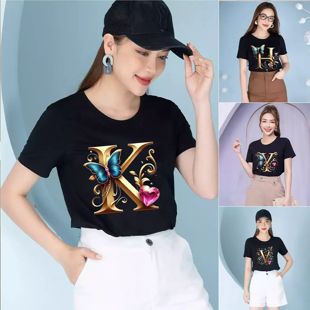 Áo thun tay ngắn cổ tròn, áo thun in hình chữ cái A-Z, chất liệu cotton mềm mịn, thoán mát. Voi Top