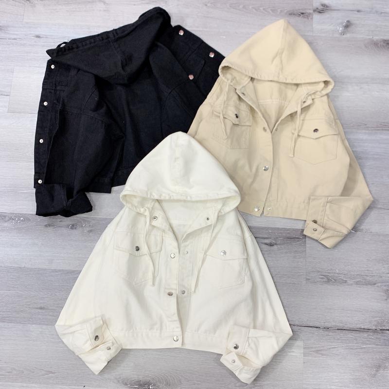 nhatran Áo khoác jean nữ nón phom croptop Top Jacket Phom ngắn nút bấm NÓN