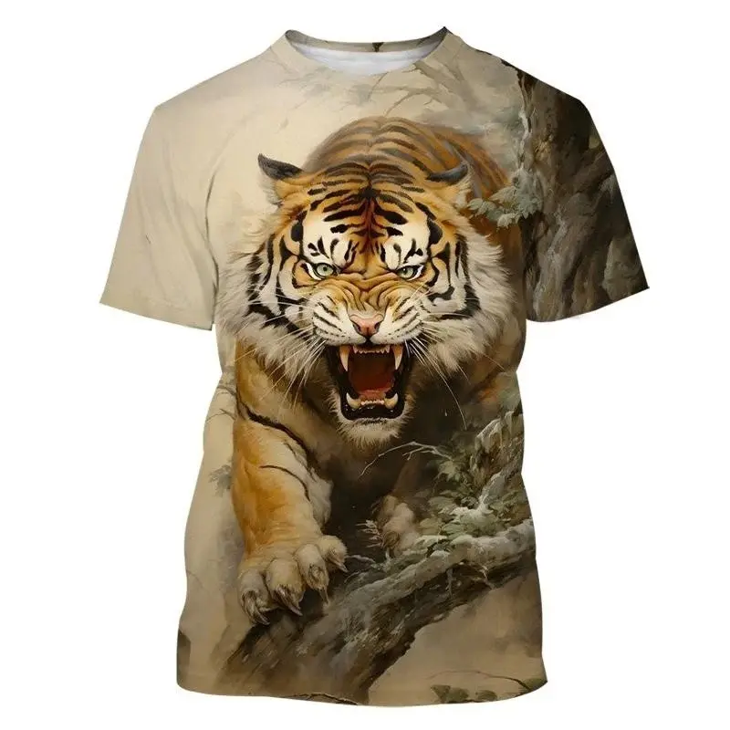Summer Men's Fashion Round Neck T-shirt, Tiger Pattern 3D Digital Printing Breathable Top, Street Personality Quick-drying Short Sleeve