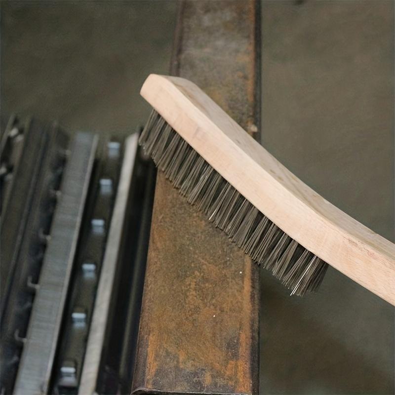 Product Introduction of Wooden Handle Wire Brush, Stainless Steel Wire Scrub Brush for Cleaning Rust, 14" Curved Beechwood Handle Wire Brush for Car, Home, Office 4