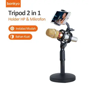 Bonkyo Mikrofon ponsel, dudukan desktop yang dapat diangkat, dudukan terintegrasi, dudukan desktop yang dapat bernyanyi langsung, dudukan anti guncangan, klip universal