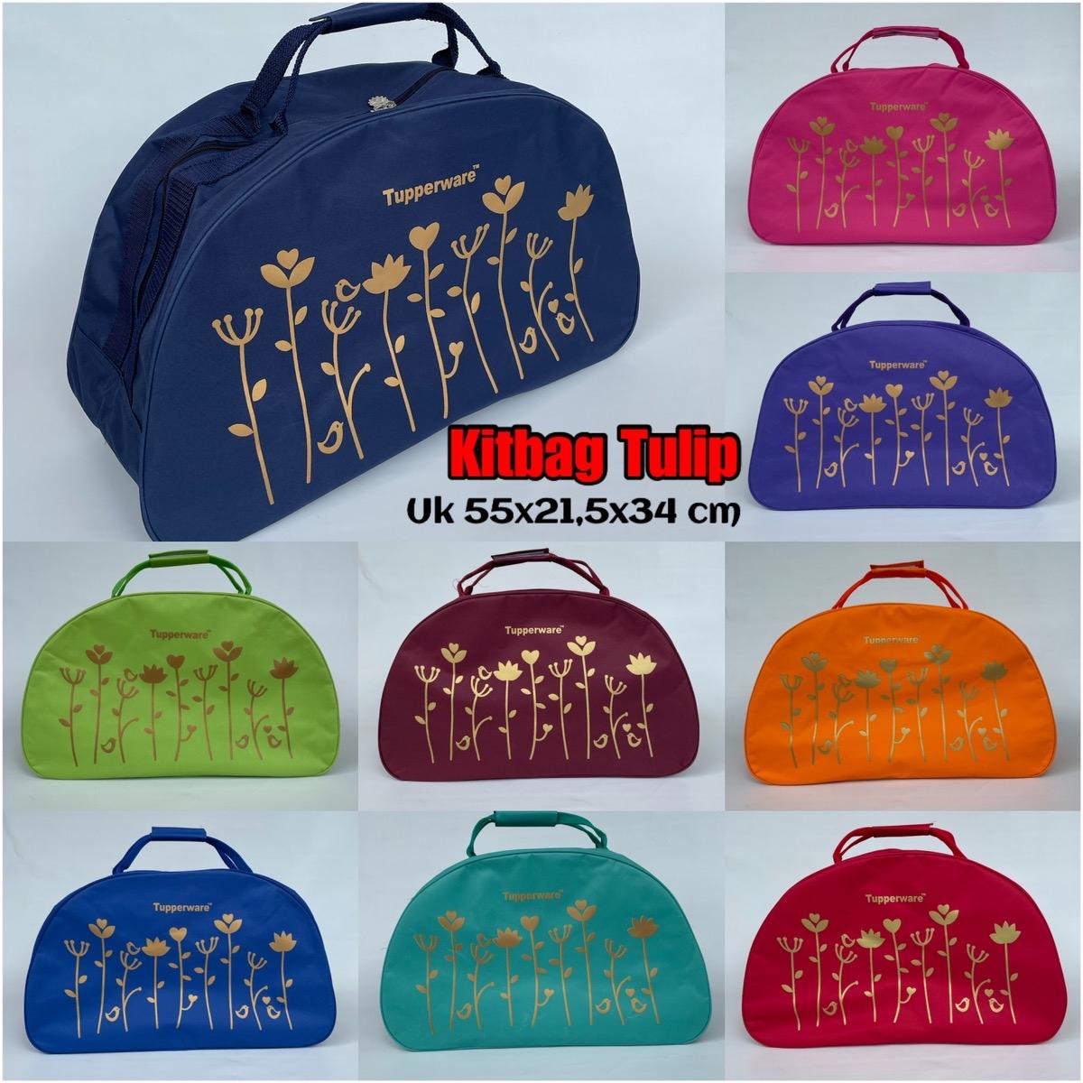 Kitbag Tulip Gold Tupperware (zipper bunga es) // Tas traveling Hitam ...