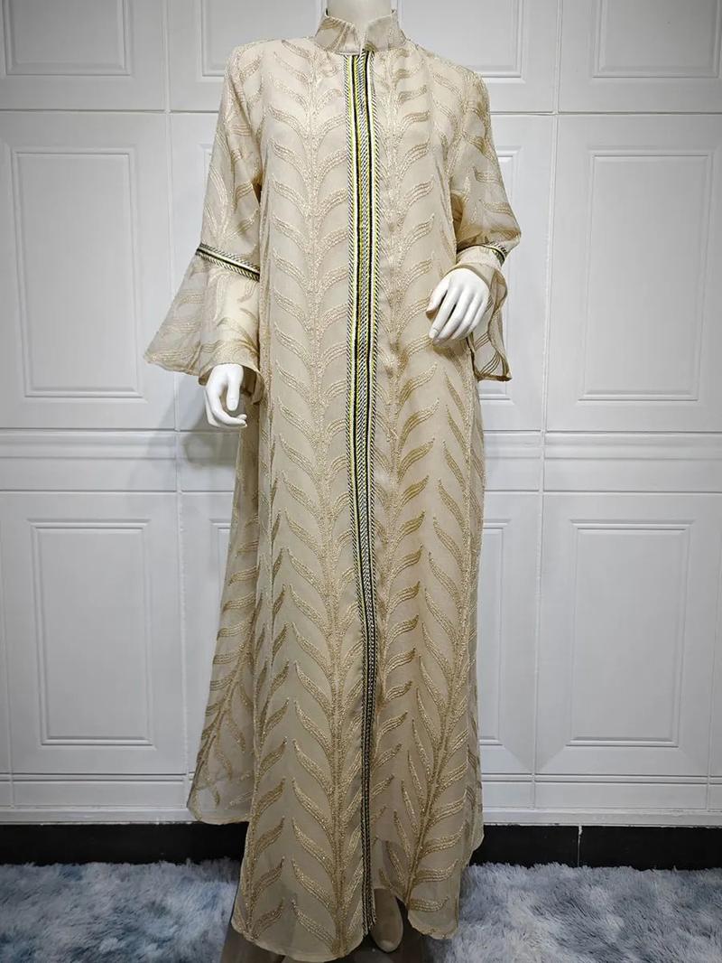 Product Introduction of Dubai Embroidery Abaya With Belt For Muslim Woman Notched Stand Collar Flare Sleeve Elegant Loose Moroccan Saudi Kaftan 16