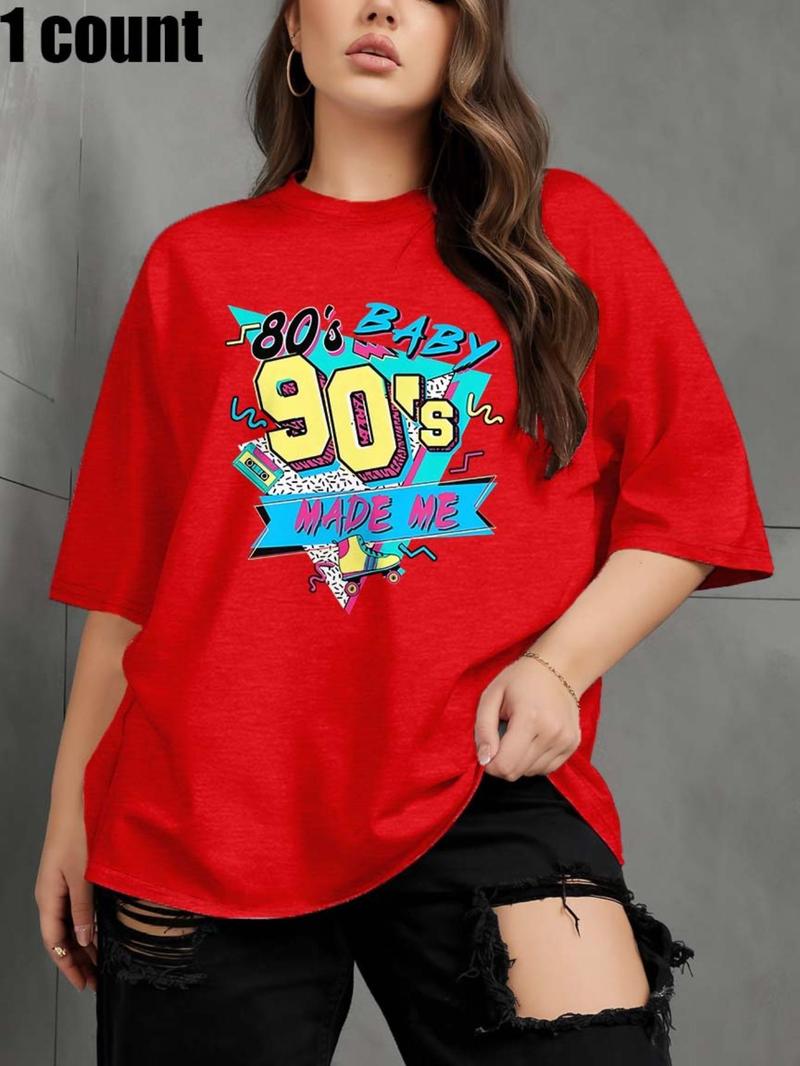 Product Introduction of Plus Size 80s & 90s Made Me Letter Print Round Neck Tee, Casual Short Sleeve Crew Neck T-shirt for Summer, Women's Plus Clothing for Daily Wear 6