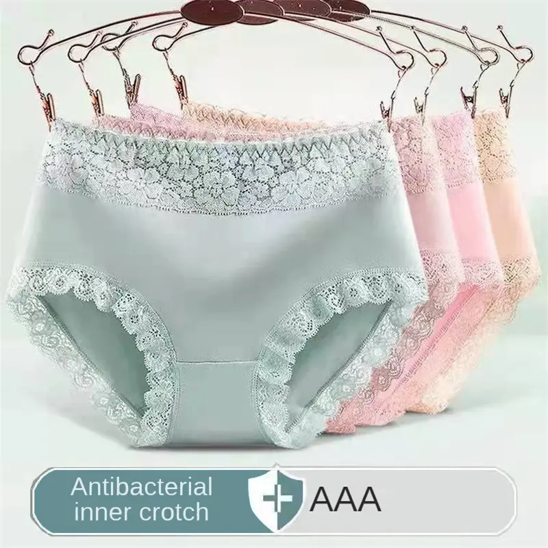 Plus Size Women's Cotton Crotch Breathable Skin-friendly Belly-lifting Hip Mid-waist Lace Cotton Mid-waist Underwear