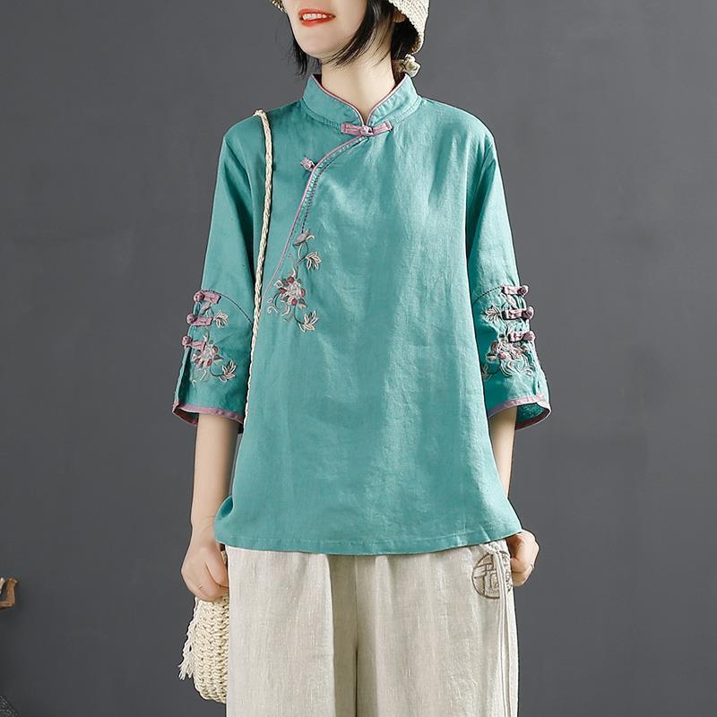 Product Introduction of Oemg2024 Summer New Chinese Style Retro Cotton and Linen Shirt Women's Chinese Style Stand-up Collar Frog Button Top Embroidered Cotton Tea Clothes 1