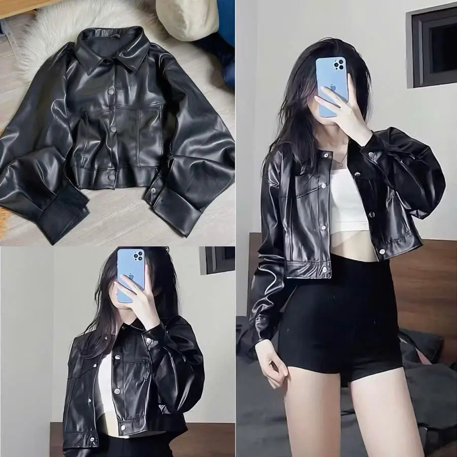 Áo khoác da dài tay ,áo khoác nữ croptop cúc bấm kiểu dáng basic chất da mềm cá tính phong cách Hàn quốc Women Jacket Kem