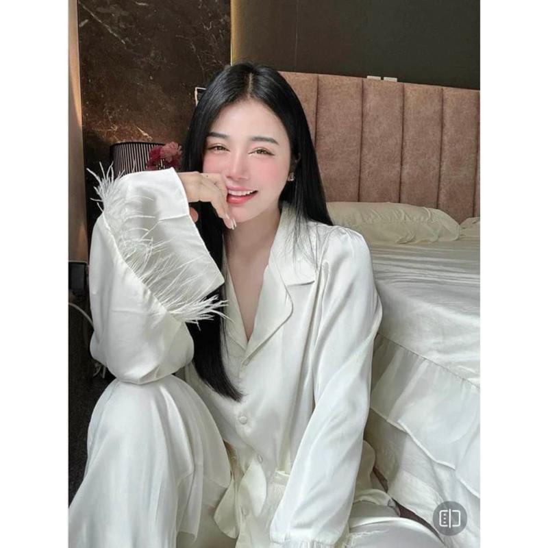 Đồ Bộ Cao Cấp Mặc Nhà Tiểu Thư Lụa Mịn Latin Mềm Mịn  Phối Lông Vũ Pijama Bộ Ngủ Nữ Freesize 40-58kg - HD STORE Áo 1