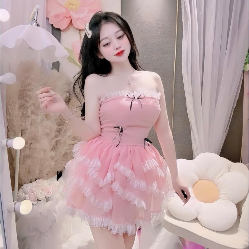 Đầm váy nữ cúp ngực phối ren đính nơ chất tăm xinh xắn phù hợp cho các nàng diện đi chơi đi tiệc, dể thương sang chảnh Top Women 2