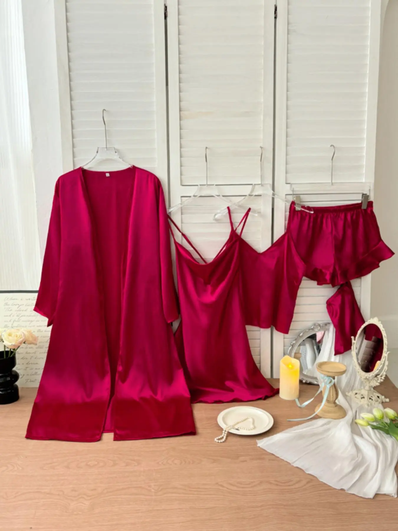 Women's Solid Satin Pyjama Set, Elegant Cami Top & Shorts & Robe & Dress Set, Comfy Loungewear Set for Women