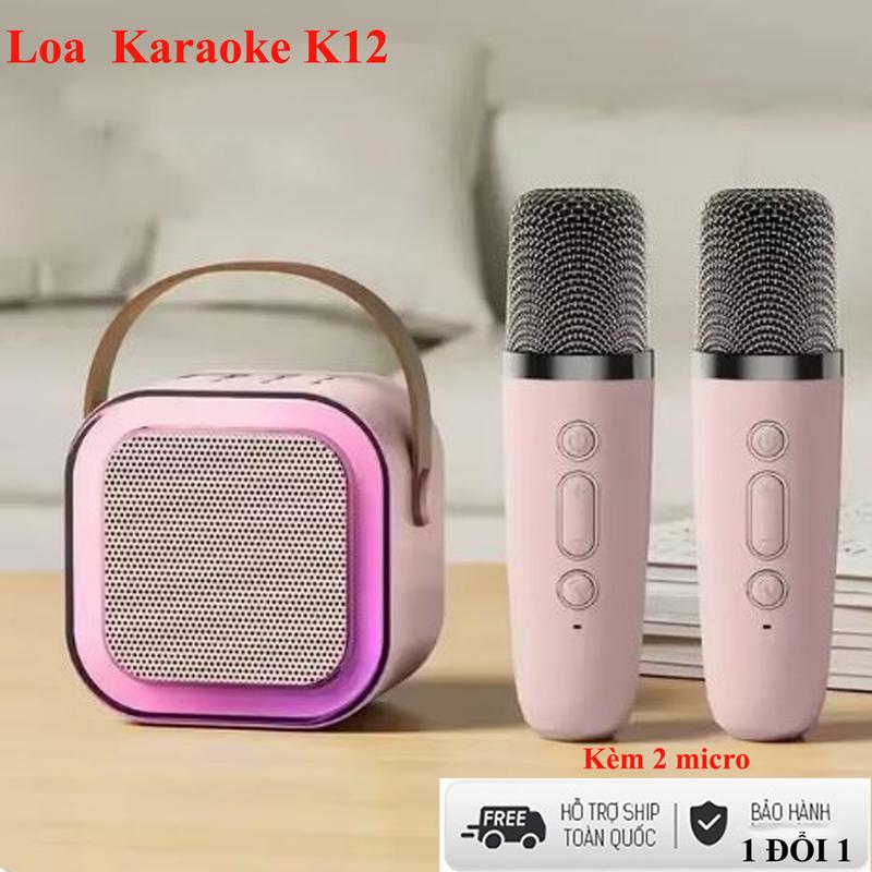 Loa bluetooth karaoke mini K12 mẫu mới nhỏ gọn, tặng kèm 2 micro không dây hát hay thay đổi giọng nói củ loa nghe nhạc