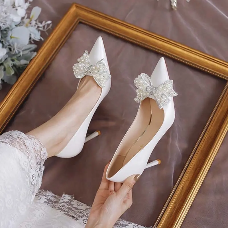 Giày cao gót nữ giày nơ đính ngọc gót nhọn 9cm và 7cm Shoes giày cưới giày  caogót 4