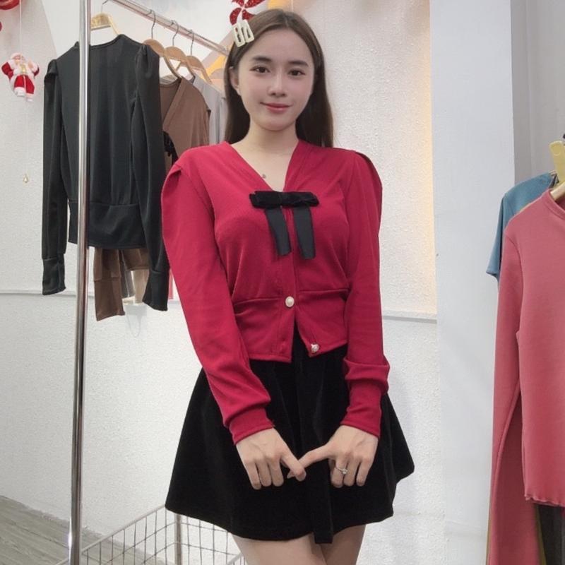 S11 SET ÁO KÈM NƠ tăm mịn chân váy nhung có quần bảo hộ bo chun co giãn Nữ Women Top Kem Jacket