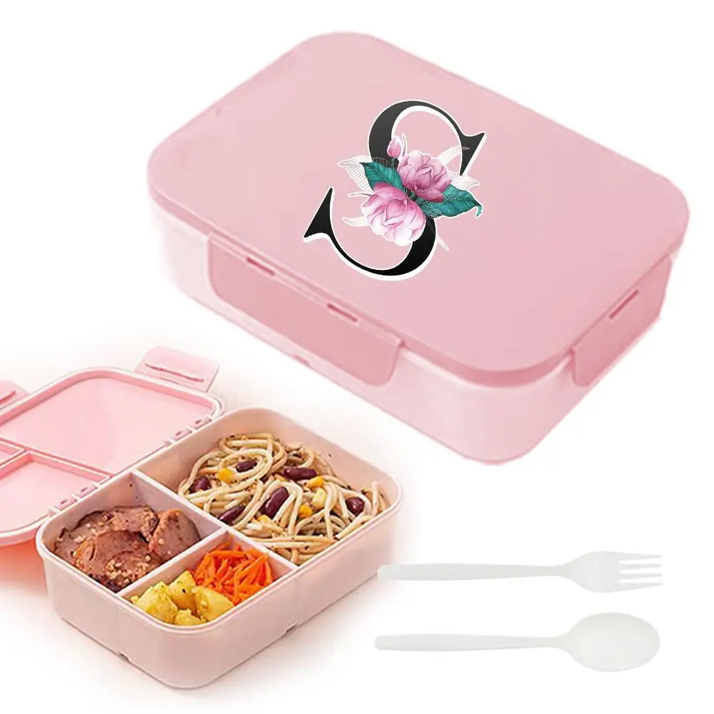 Letter Pattern Lunch Box with Cutlery, 1 Count Leak-proof Lunch Container with 3 Compartments, Food Storage Container for School Work Travel