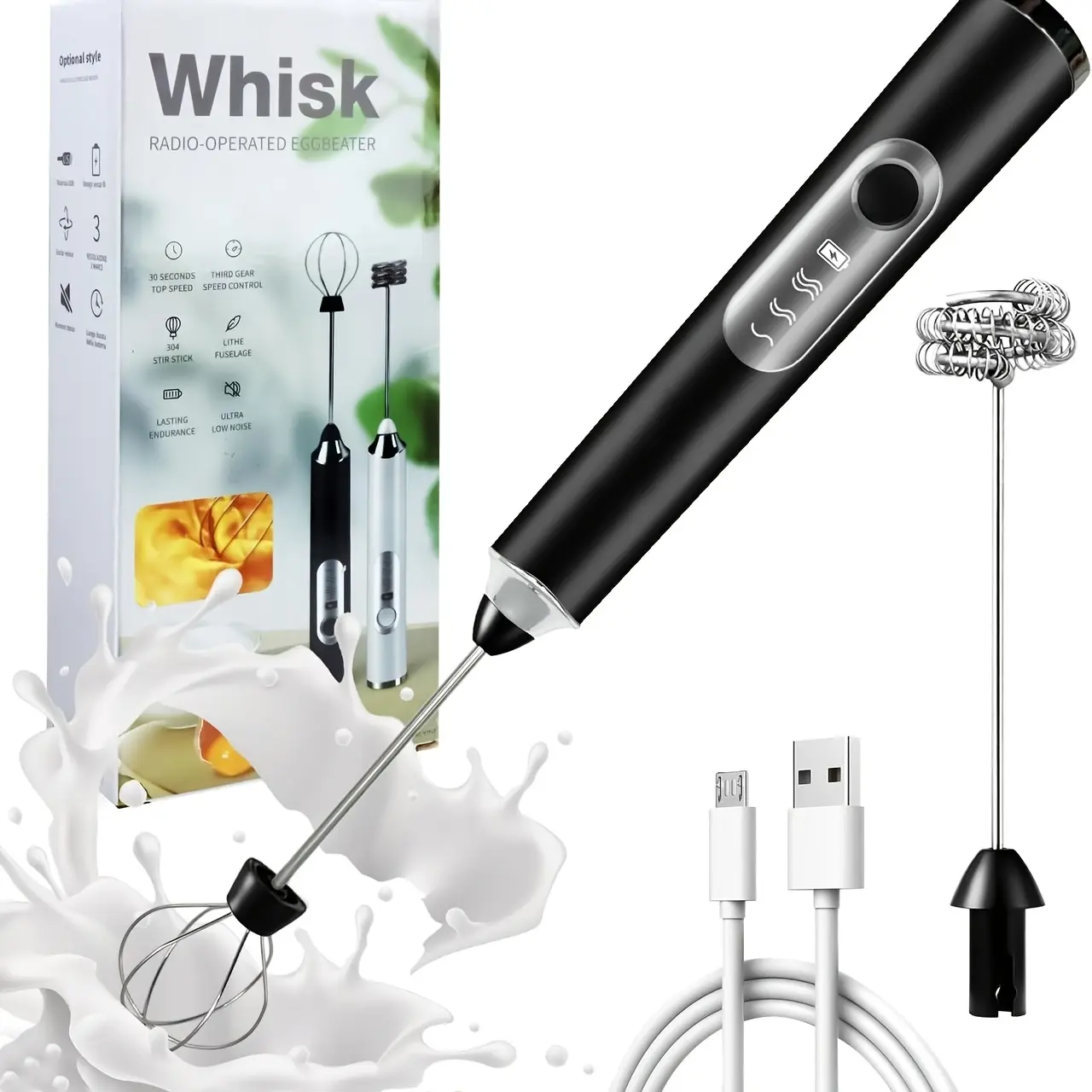 Rechargeable Milk Frother, Handheld, Comes with Two Attachments, Silver Electric Egg Beater, Drink Foam Mixer, Mini Mixer, Features Three Adjustable Speeds, Suitable for Coffee, Latte, Milkshakes, and Eggs
