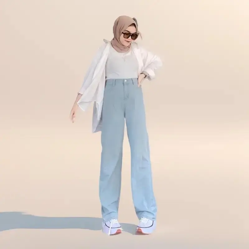 celana jeans loose panjang wanita Polos waist Nyaman Light Tebal High