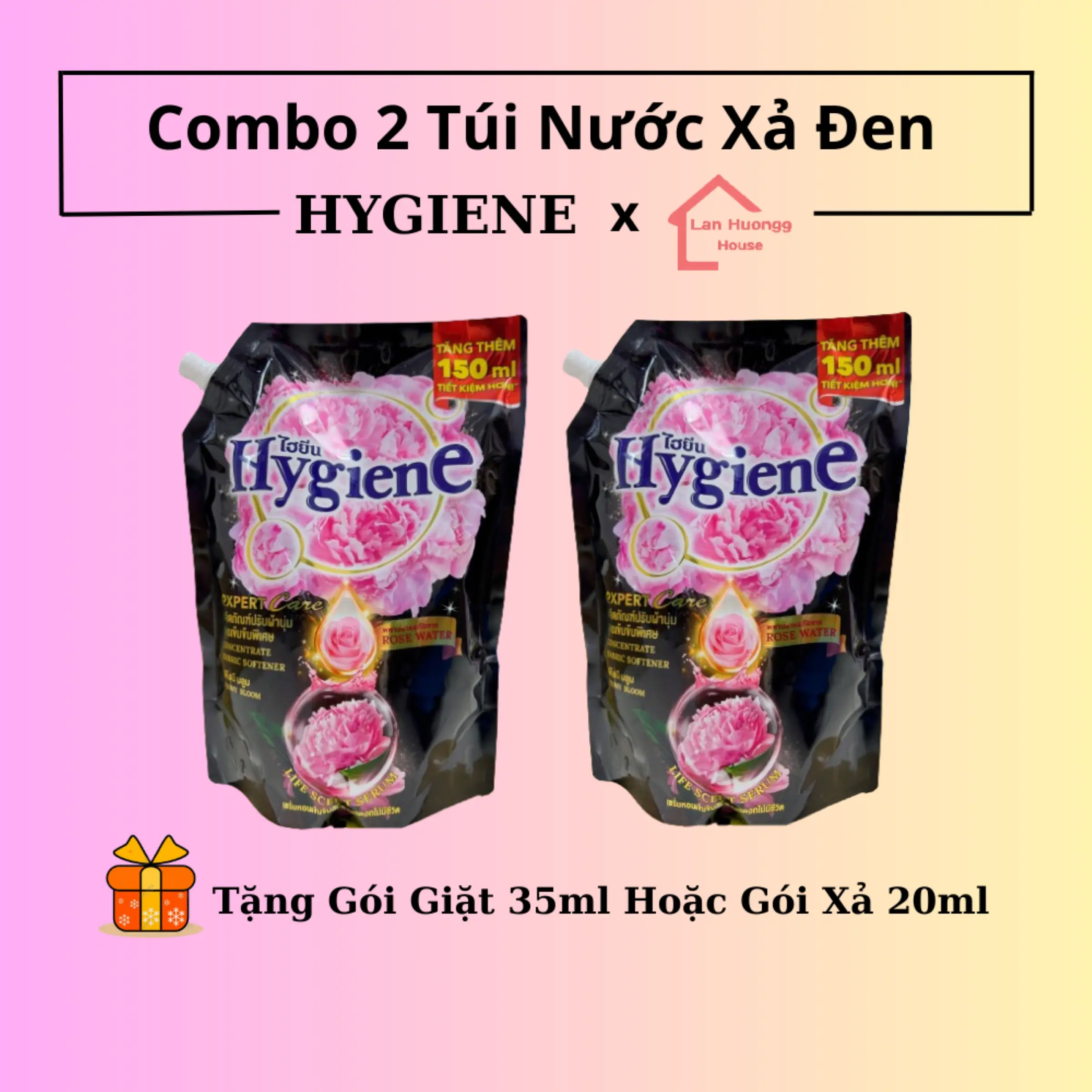 Combo 2 Túi Nước Xả Vải Hygiene ĐEN 1300ml/Túi Tặng Kèm Gói Giặt 35ml Hoặc Gói Xả 20ml Làm Thơm Làm Sạch Kem