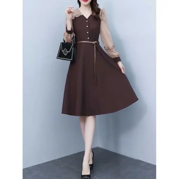 Dress wanita coklat lengan coklat cantik panjang elegant