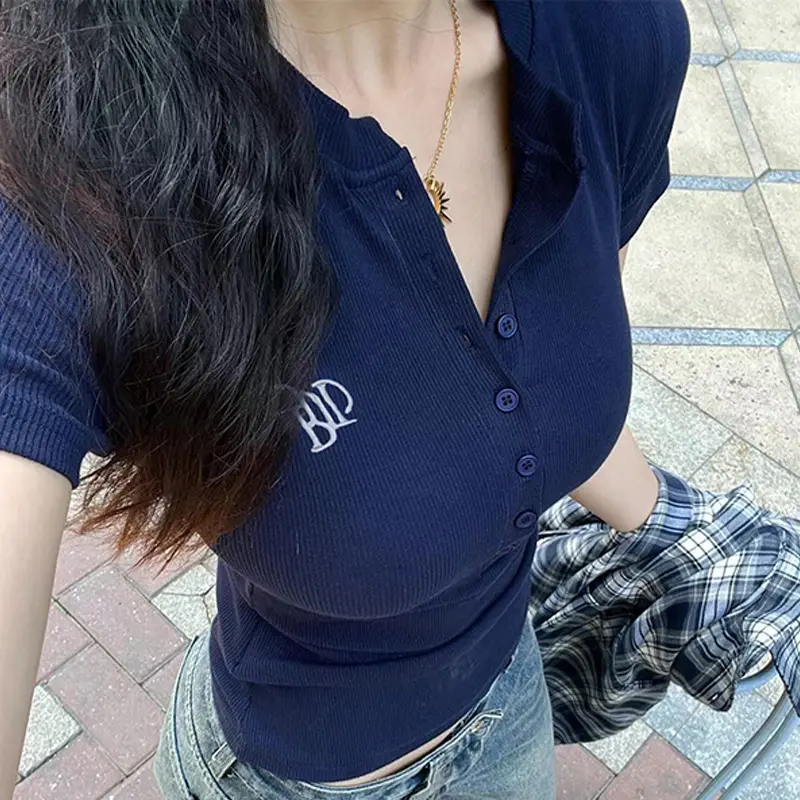 Retro Navy Blue Short-sleeved T-shirt Women Front Buttons Solid Casual Tops