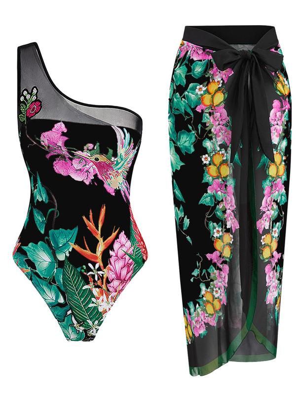 Women's Floral Print One Shoulder Contrast Mesh One-pieces Swimsuit & Wrap Skirt Set, Casual Asymmetrical Knot Front Sleeveless Swimwear for Beach Holiday Vacation, Ladies Swimsuit for Summer 2