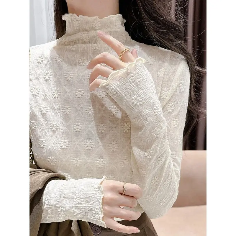 Áo Lớp Nền Ren Hòa Tan Trong Nước Thêu Hoa, Thiết Kế Selvedge Dây Thích Hợp Cho Đầu Thu Và Mùa Đông 2024, Cổ Lọ Nửa, Có Thể Mặc Bên Ngoài, Bó Sát, Có Thể Phối Bên Trong, Có Ren