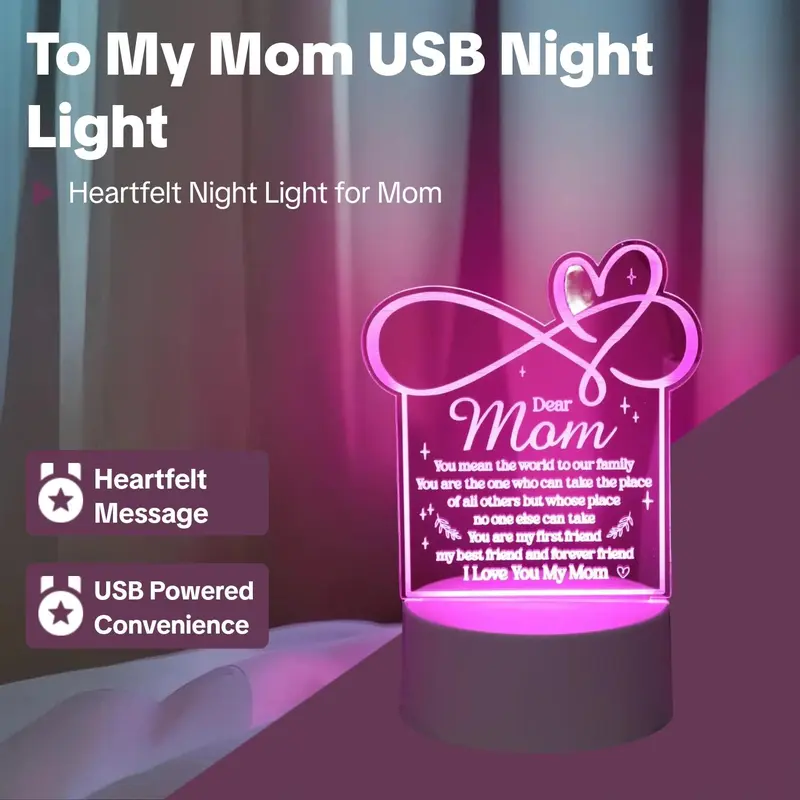 To My Mom Letter Pattern Night Light, USB Powered Desktop Decorative Light, Creative Gift for Mom, Birthday Gift, Mother's Day Gift, Lamp 1