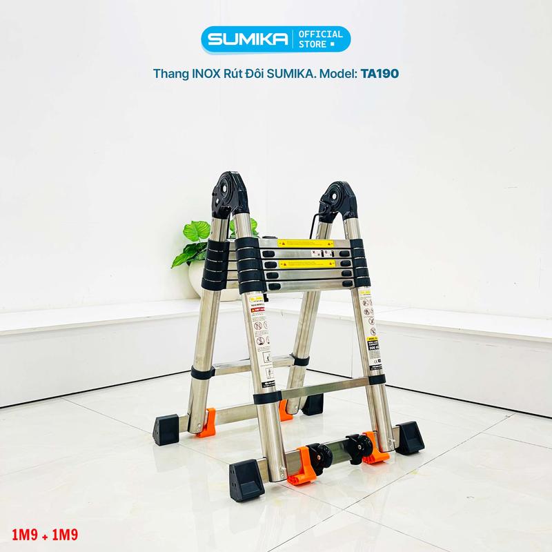 Thang Inox rút đôi SUMIKA TA190, rút chữ A cao 1.9m, rút chữ I cao 3.8m, tải trọng 300kg