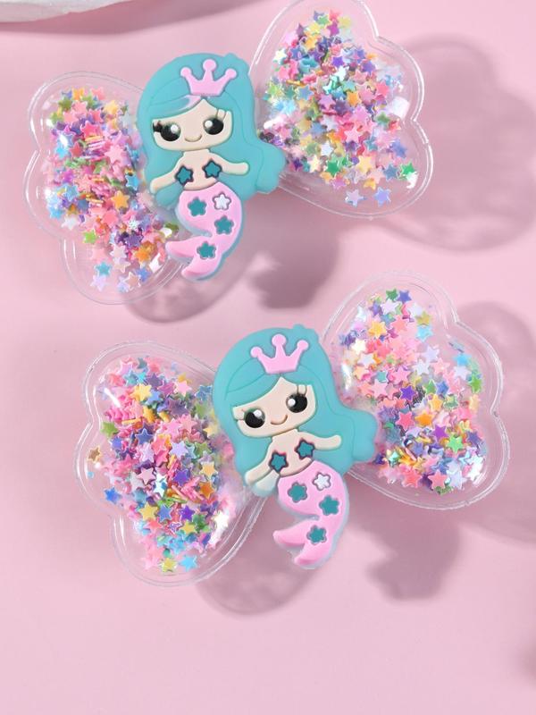 2pcs Cute Cartoon Mermaid Princess Design Hair Clip, Cute Bowknot Decor Hair Accessories For Girls, Quicksand Sequin Design Headwear 8