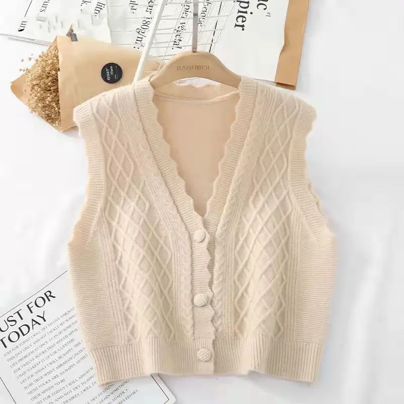 Áo Vest Dệt Kim, Hàng Mới Về Mùa Thu Của Phụ Nữ, Dáng Rộng Vừa Vặn, Phong Cách Phương Tây, Áo Len, Không Tay, Áo Ghi Lê, Áo Vest Cardigan Cổ Chữ V, Thích Hợp Cho Áo Khoác Cơ Sở 6