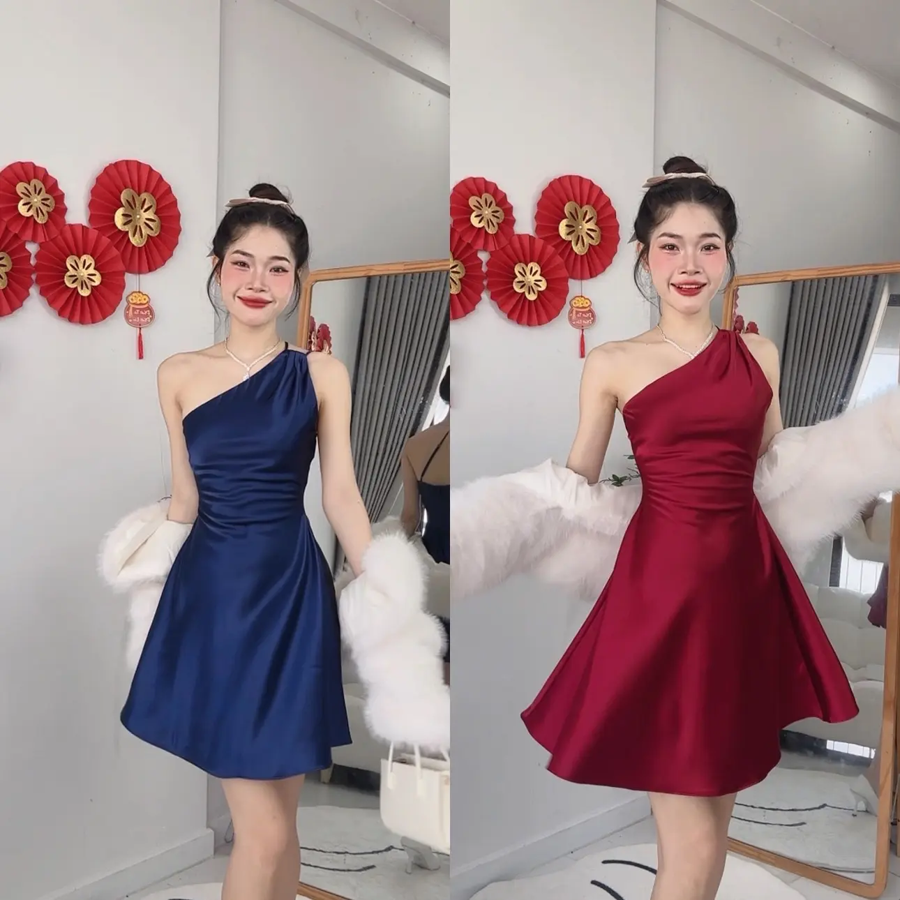 Minzy dress Váy yếm ngắn lụa thiết kế tôn dáng, chất lụa Hàn Châu cao cấp (có lót) Nữ Women Nhung Voi