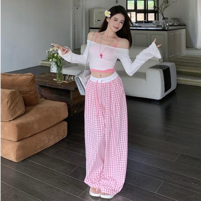 Set 3 Món Nữ Xinh Xắn Quần Ống Rộng Cạp Cao Kèm Áo Dây Khoác Trễ Vai Tay Dài, Set Bộ Mùa Hè Năng Động, Set Bra Áo 2 Dây Kềm Khoác Phối Quần Ống Rộng Caro Thun