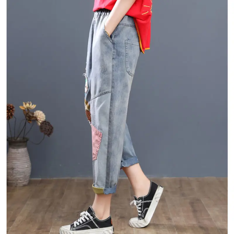 Quần Jean Nữ, Thiết Kế Cotton, Hàng Mới Về, Cạp Cao, Co Giãn, Dài Đến Mắt Cá Chân, Thêu Hoạt Hình, Dáng Rộng Vừa Vặn, Quần Harem Denim, Phong Cách 3pg0234 3