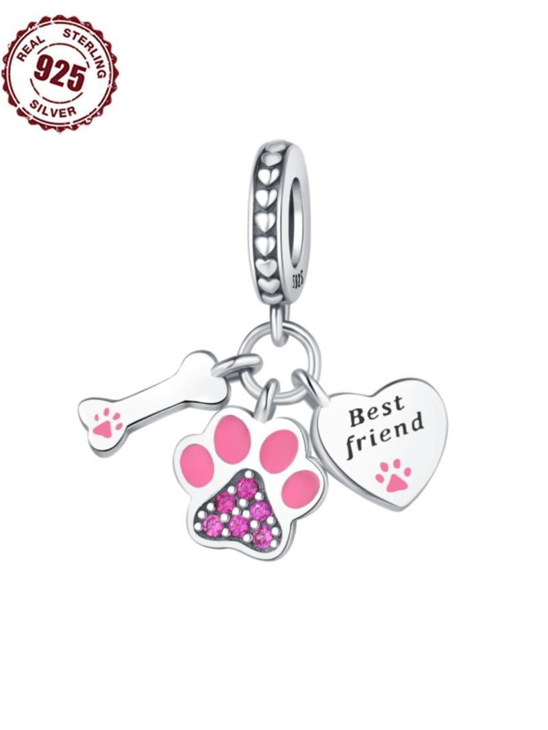 Product Introduction of 925 Sterling Silver Cute Paw Design Heart Charm, Paw Design Heart Charm for DIY Bracelet & Necklace, Fashion Jewelry Accessories for Women & Girls 0