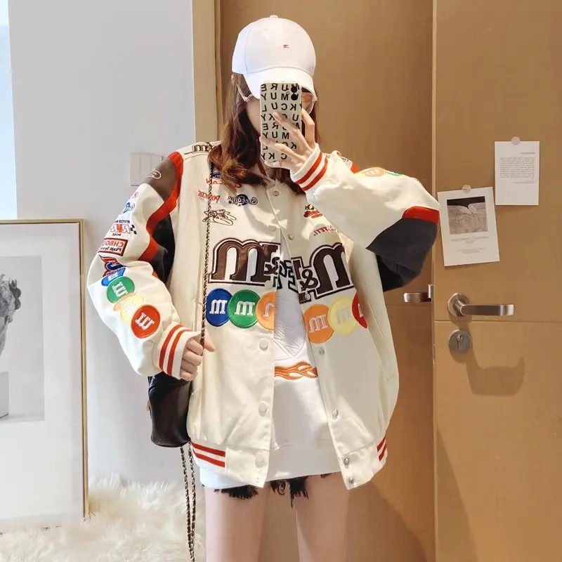 Couple New Embroidered M&M Bean Jacket, Baseball Uniform Men and Women Motorcycle Jacket, Casual Trend Coat