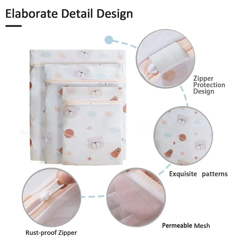 Mixed Size Mesh Laundry Bag, 3 Counts/set Cute Bear Pattern Washing Bag, Laundry Tools & Accessories for Home & Travel 2