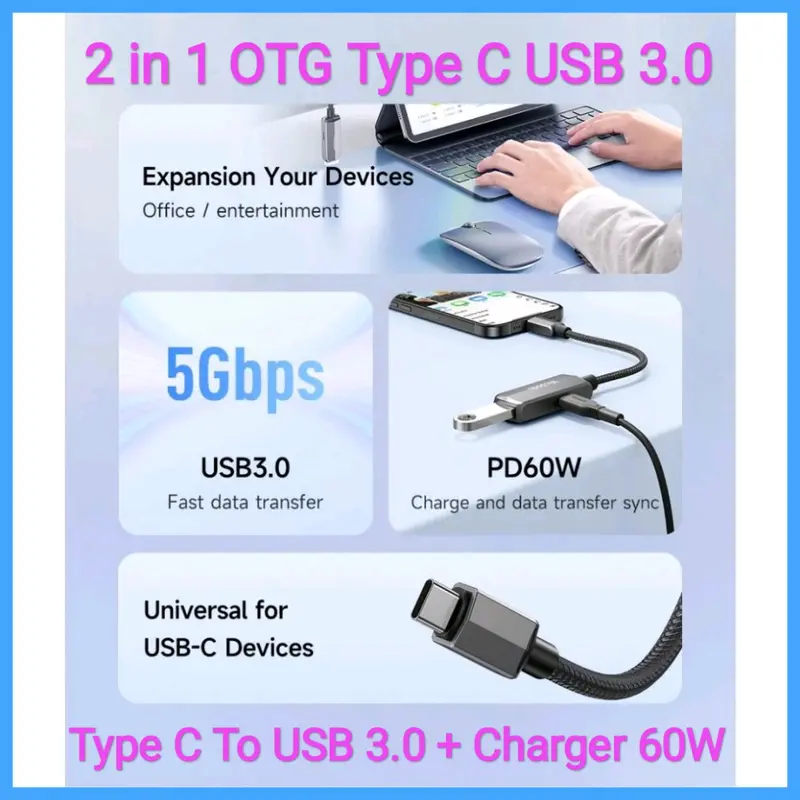 Mcdodo OTG Type C ke USB 3.0 dan Charger 60W Flashdisk Hardisk 2TB 7