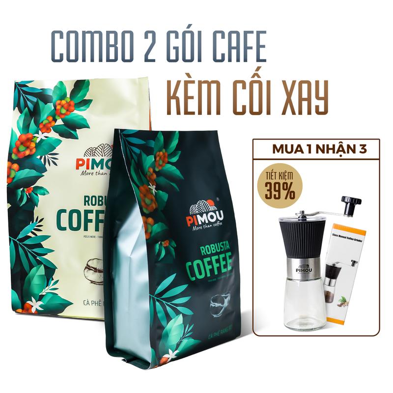 [Combo 2 Gói và Cối Xay] Cà phê Robusta nguyên chất từ nông dân rang Mộc và rang Bơ công thức riêng và Cối Xay cầm tay cao cấp Medium Roast - Hãng Pimou khối lượng tịnh 920gr, cafe sữa, cafe đen, coffee, cafe nguyên hạt