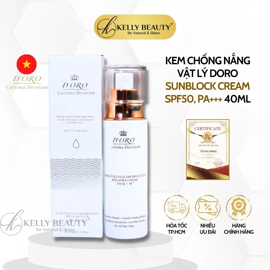 Kem Chống Nắng Vật Lý DORO Sunblock Gold 24K Brightening SPF 50+ / PA+++ | Kelly Beauty