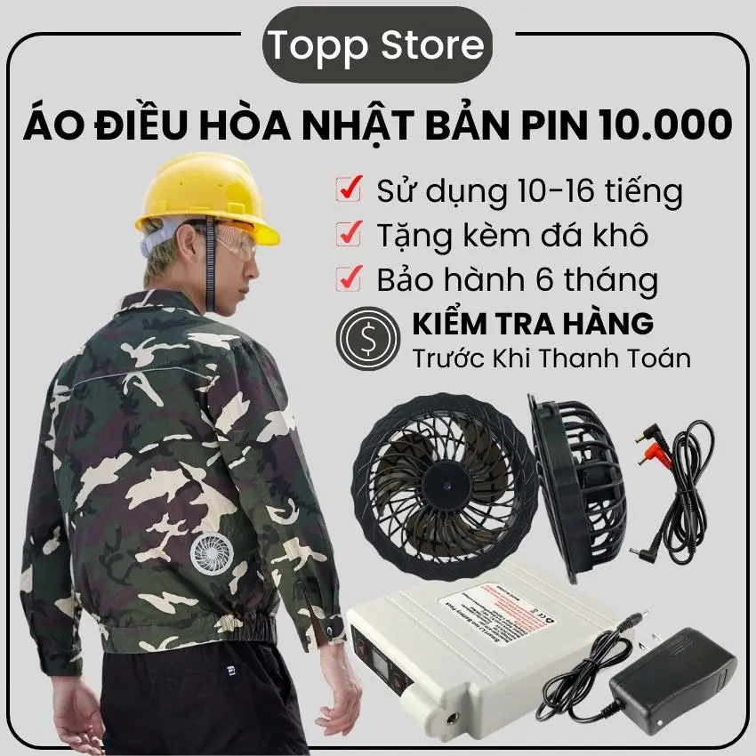 Áo điều hòa quạt gió Nhật Bản pin 10.000 mAh, áo chống nóng làm mát pin trâu, sử dụng liên tục từ 10-16 tiếng, áo bảo hộ lao động giúp giảm nhiệt, áo chống nắng có quạt dung lượng cực khủng, pin sài lâu, bền bỉ