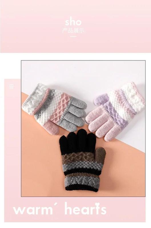 Product Introduction of 1Pair Winter Warm Cotton Baby Gloves Cute Kawaii Children Striped Split-finger Kindergarten for Boys Girls Kids Knitted Gloves 14