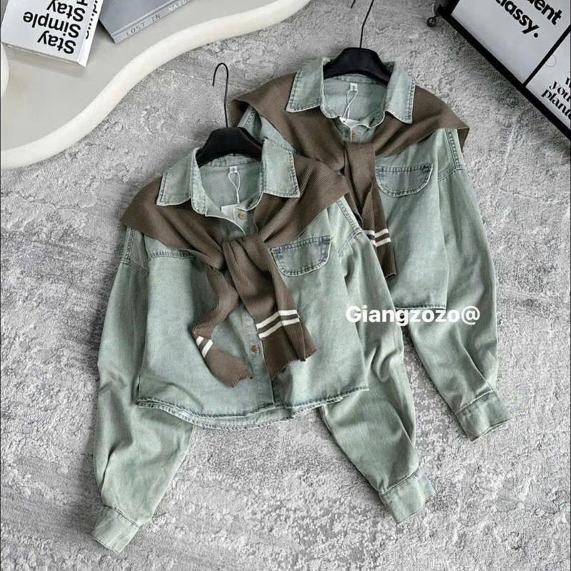 Áo sơ mi bò jean giấy kèm khăn cực xinh ạ