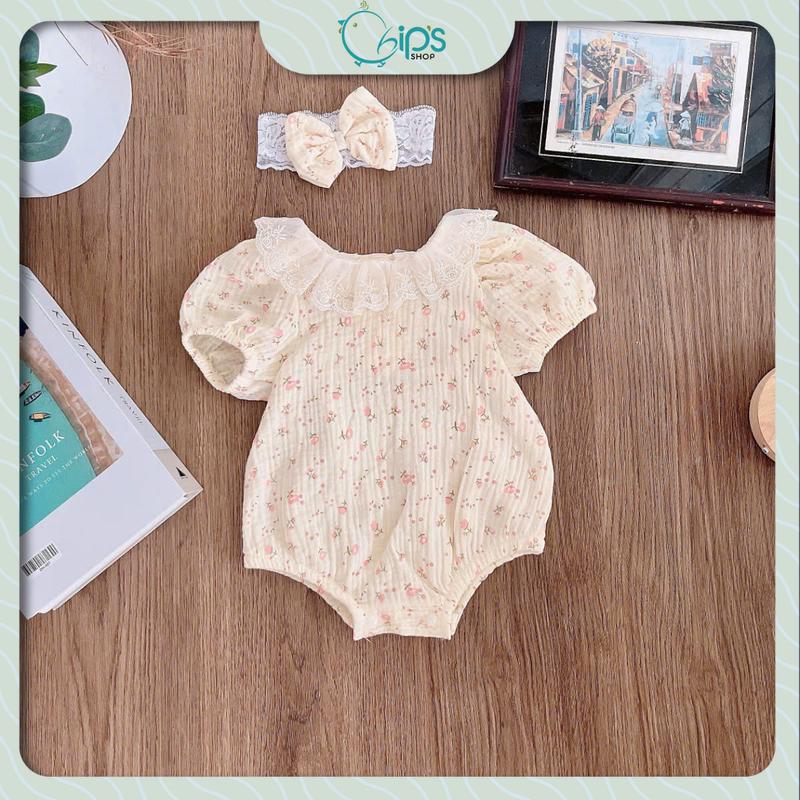 Body xô muslin hoa nhí kèm turban cho bé gái 4-10kg. Body bé gái đầy tháng, thôi nôi. Chip's Shop