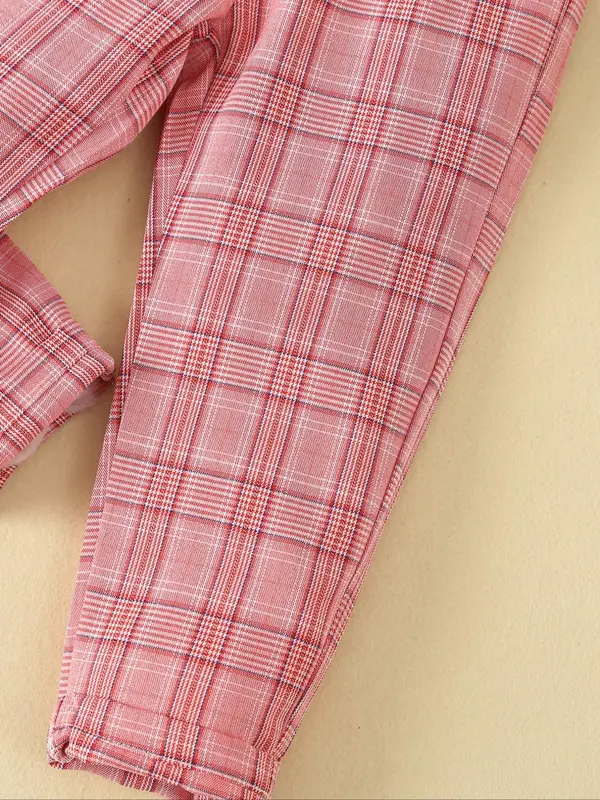 Three-piece Set Boy's Bow Tie Button Front Shirt & Elastic Waist Pants & Plaid Print Vest Set with Hat,  Casual  Long Sleeve Collared Top & Pocket Trousers & Vest Set, Kids Spring Outfits 4