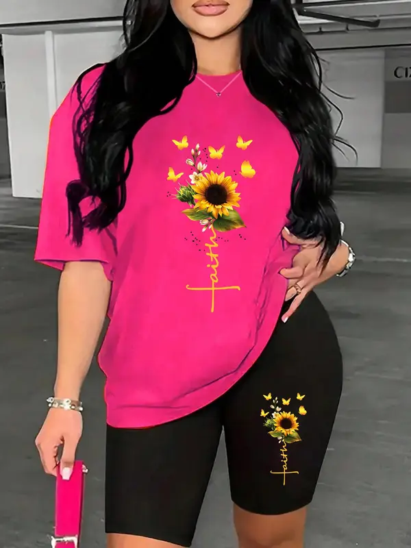 Women's Sunflower & Butterfly Print Tee & Skinny Shorts Two-piece Set, Casual Fashion Cozy Round Neck Short Sleeve T-shirt & Shorts for Daily Outdoor Wear, Ladies Summer Clothes, Suits 4
