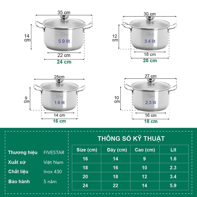 Bộ nồi chảo 3 đáy inox 403 Fivestar 5 món nắp kính tặng 5 muỗng ăn( N16cm x N18cm xN20cm x N24cm x chảo 24cm) 5