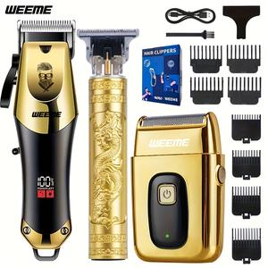 WEEME メンズ電動理容セット（3点セット）、家庭用電動理容器、USB充電式、合金製刃ヘッド、LCDディスプレイ搭載、カービングシェイプ対応、家庭・車内での使用可、父の日のギフト